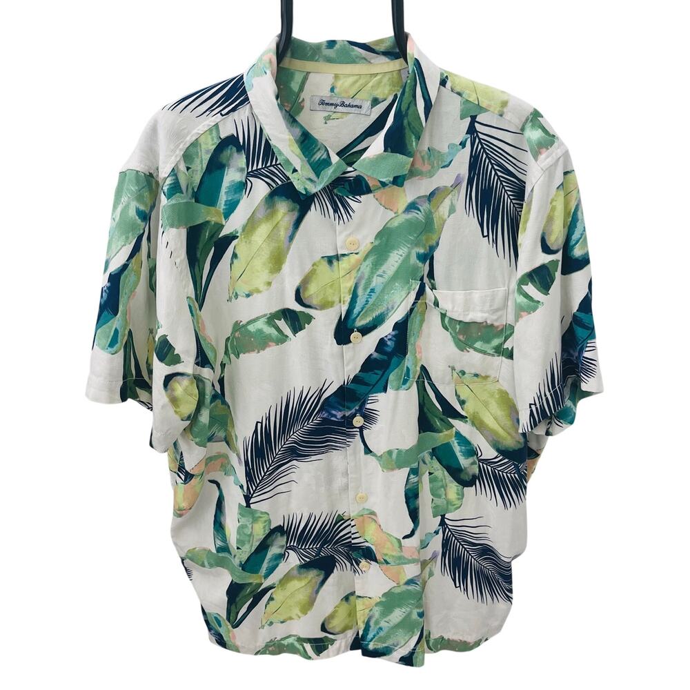 Tommy Bahama "Garden of Palm" 100% Silk Camp Shirt - Large - Coconut Cream